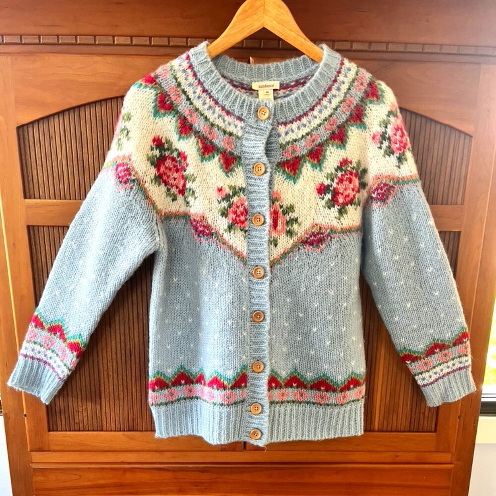 Blue Sundance Button Front Wool Cardigan, M